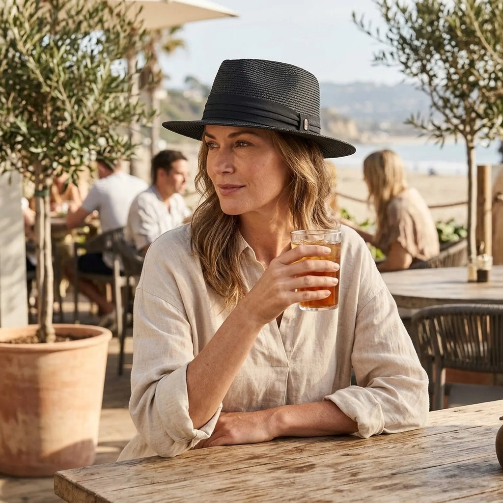 Black Straw Pork Pie Hat with Wide Brim and Flat Crown
