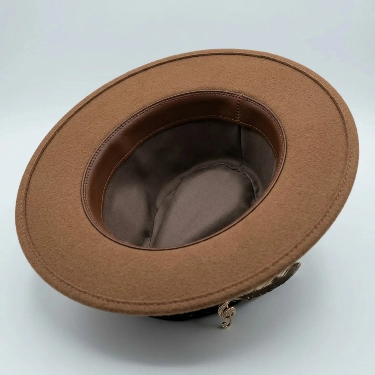 Brown Fedora with Musical Instrument Art, Velvet Band and Feather