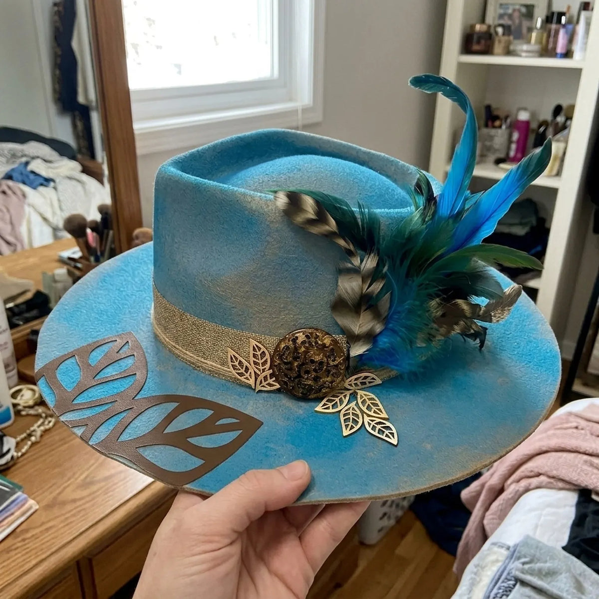 Turquoise Felt Fedora With Bronze Filigree And Blue Feathers