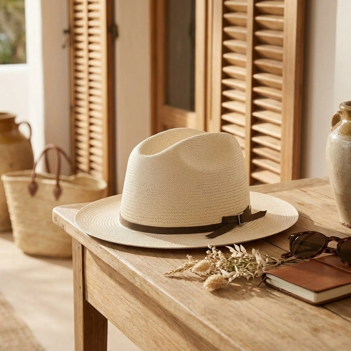 Cream Straw Panama Hat with Brown Band for Elegant Warm Weather