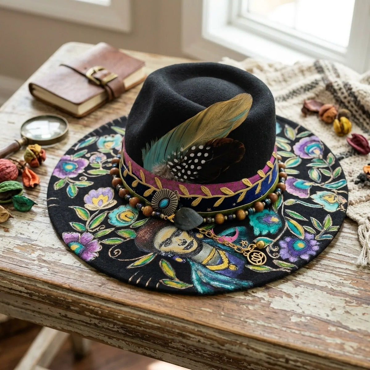 Hand-Painted Black Felt Western Hat with Floral Art and Beaded Band