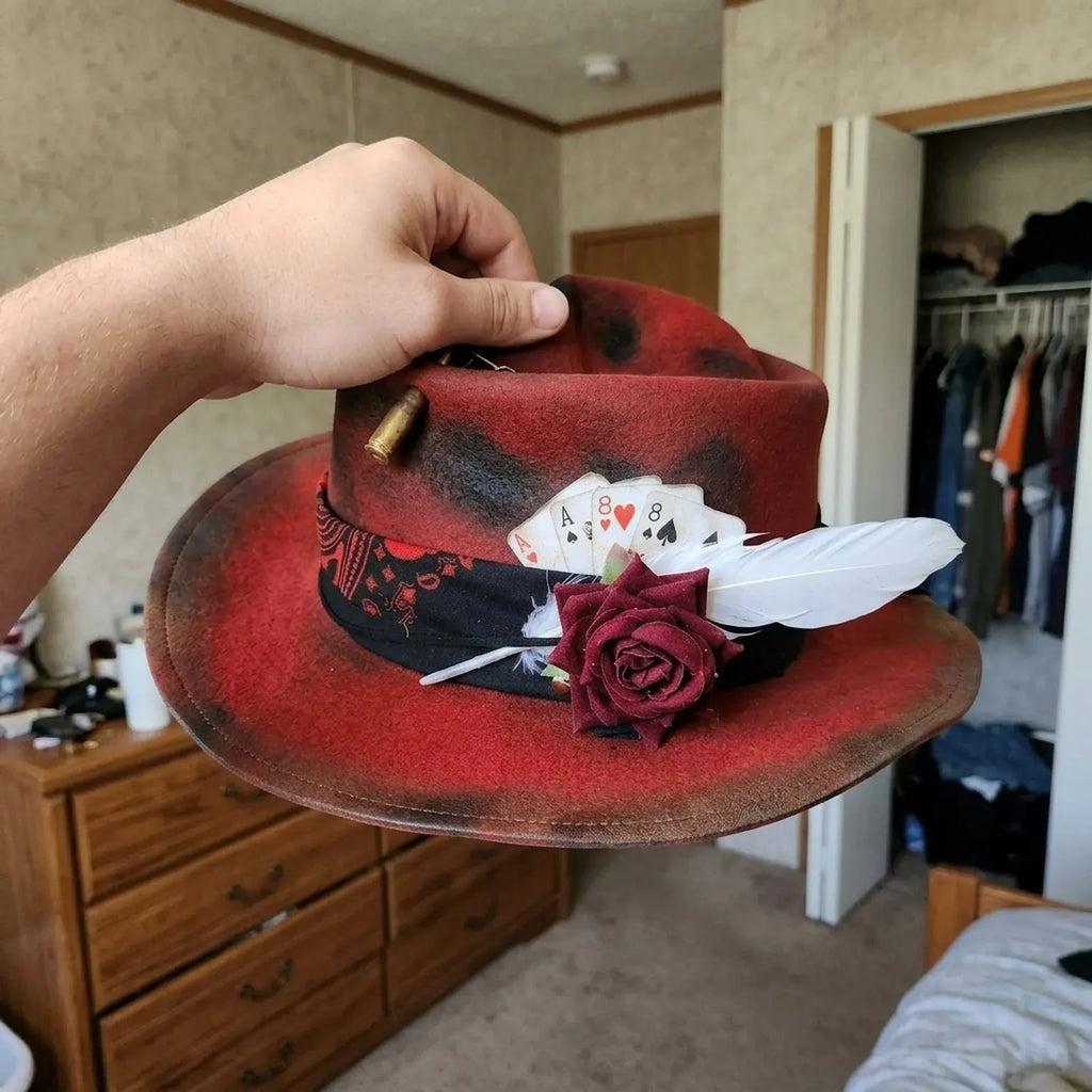 Western Red Fedora with Playing Cards, Rose and Bullet