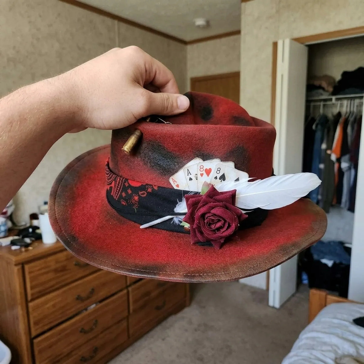 Western Red Fedora with Playing Cards, Rose and Bullet