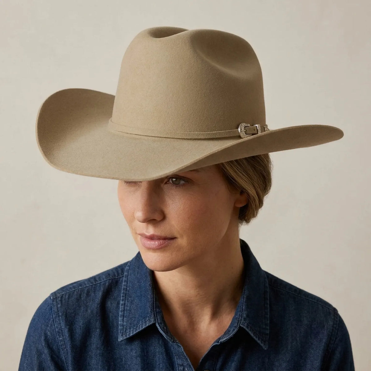 Camel Felt Cowboy Hat with Pinched Crown and Curved Brim