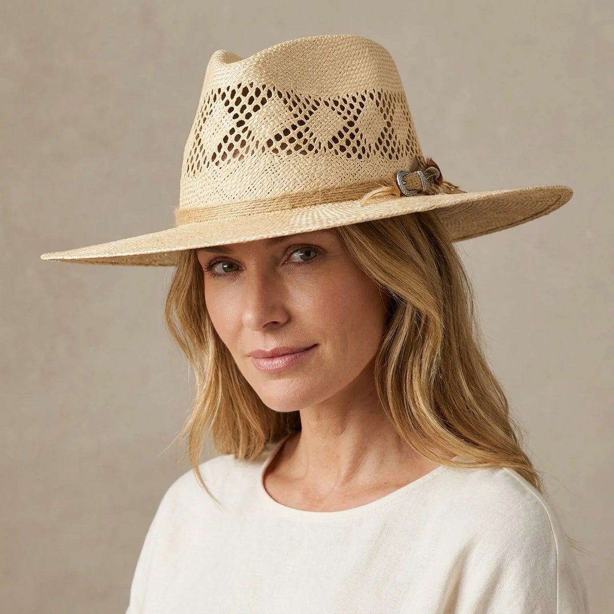 Natural Straw Sun Hat with Open Weave Crown and Feather Detail