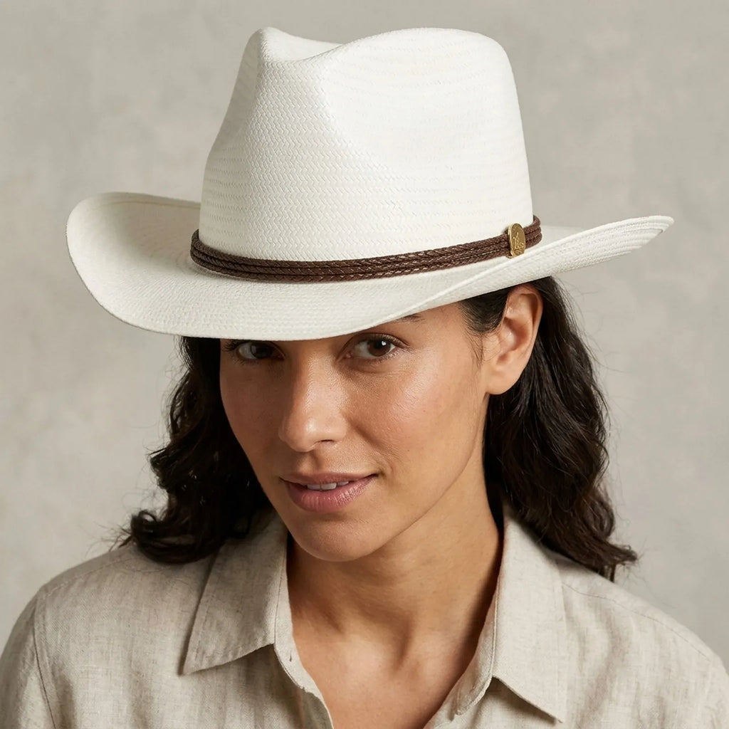 White Straw Fedora Hat with Braided Brown Leather Band Detail