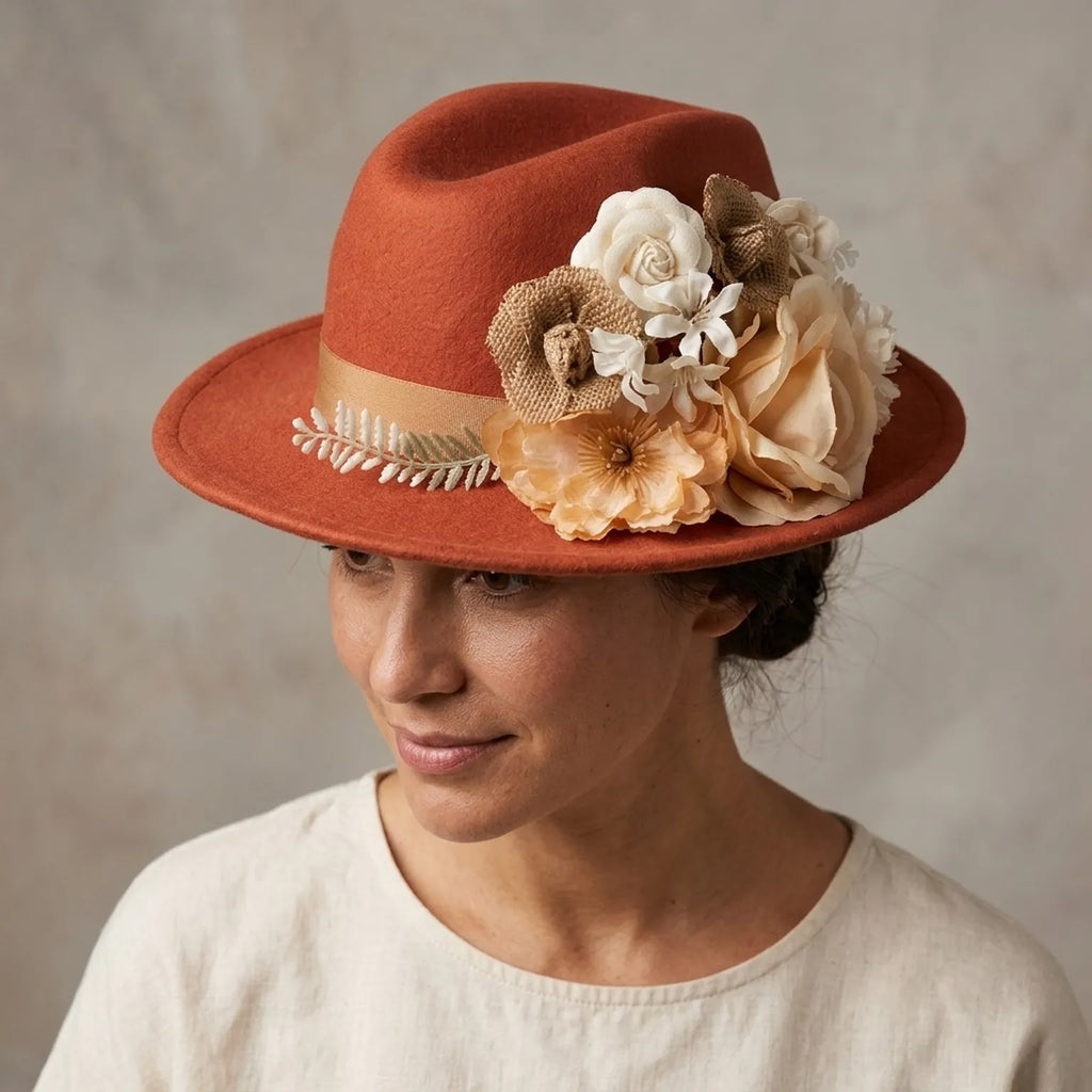 Rust Felt Fedora With Ivory Floral Cluster And Fern Sprig