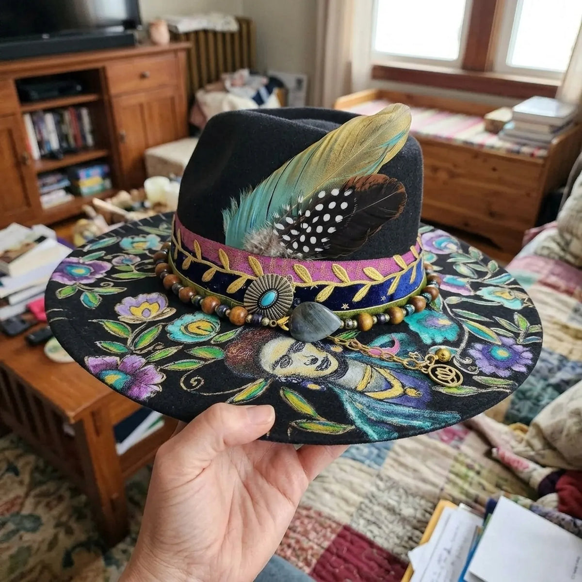 Hand-Painted Black Felt Western Hat with Floral Art and Beaded Band