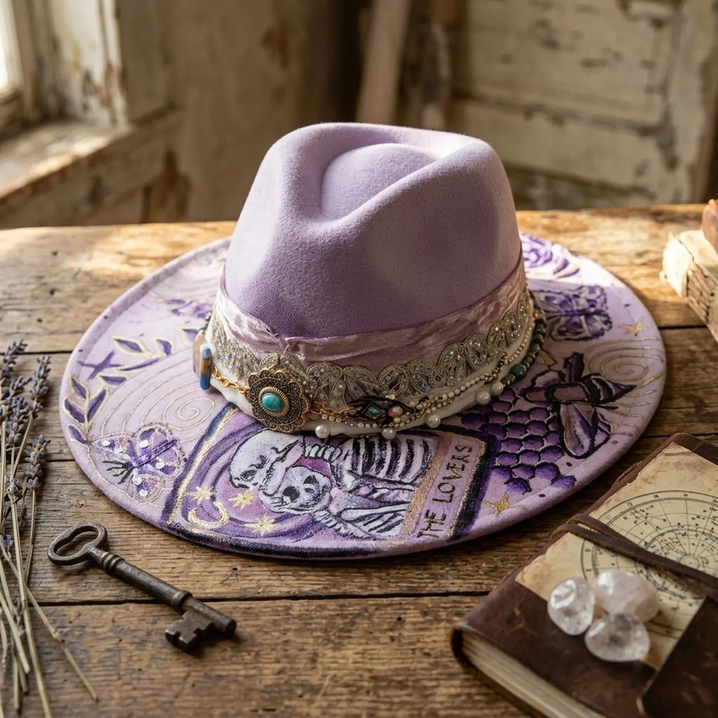 Lavender Felt Fedora with Tarot Lovers Card Rhinestone Concho