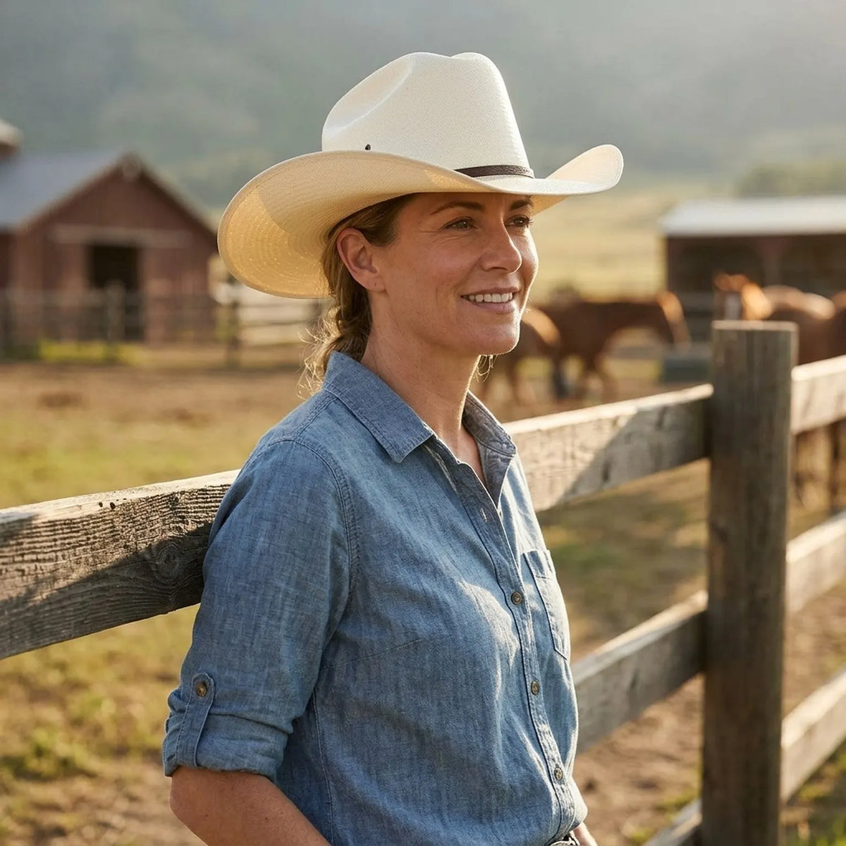 Ivory Straw Western Hat with Brown Leather Band and Detail