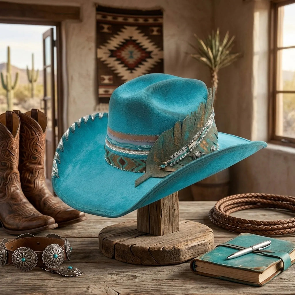 Turquoise Felt Western Hat with Leather Leaf and Aztec Band