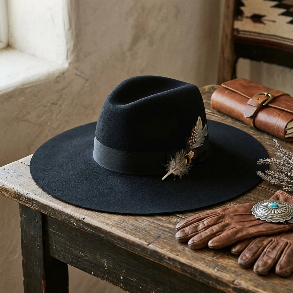 Black Wide Brim Wool Felt Fedora Hat with Feather Accent