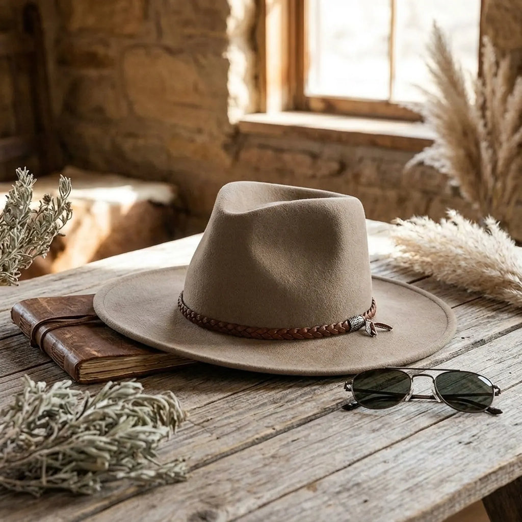 Unisex Beige Wool Felt Western Hat with Braided Leather Band