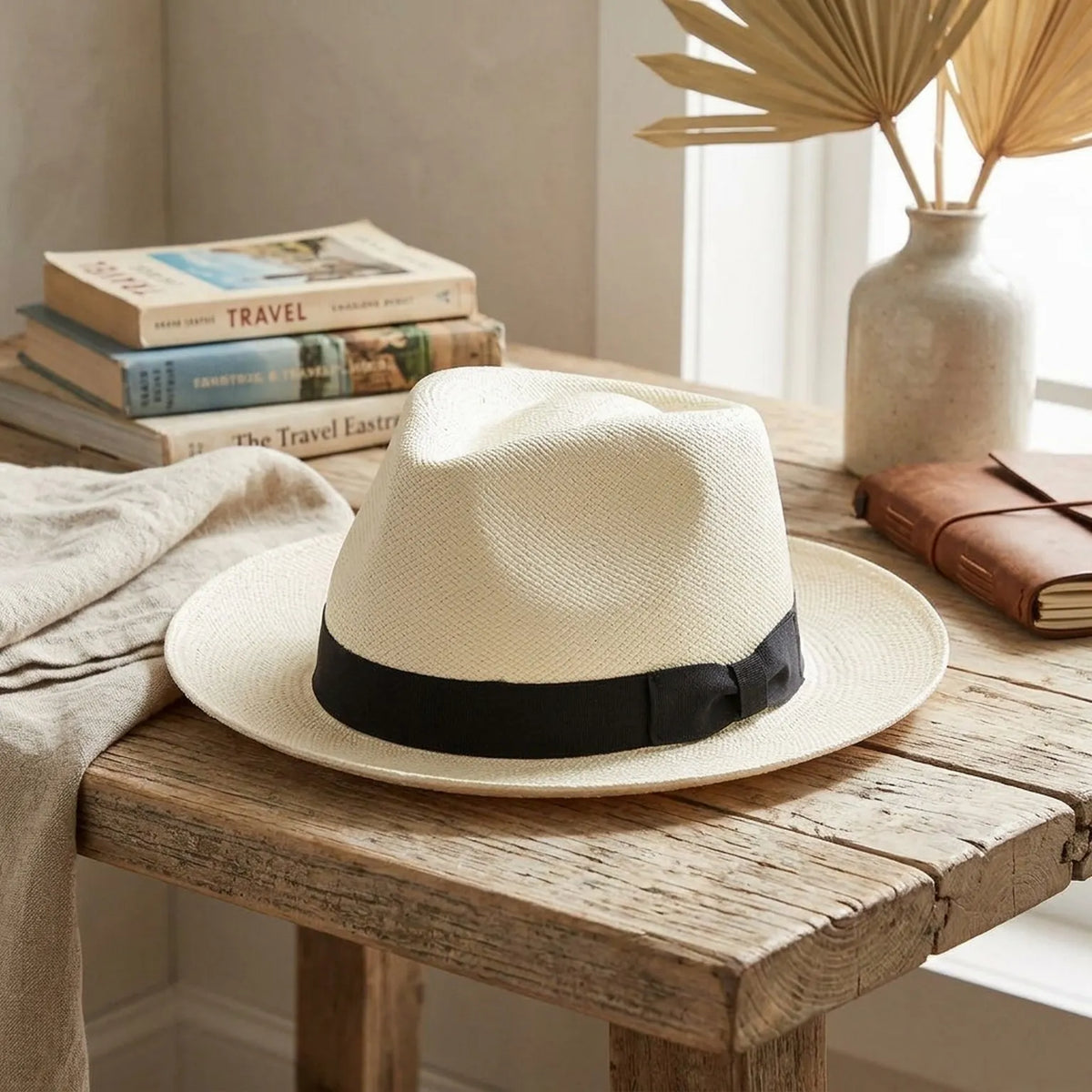 Ivory Straw Panama Hat with Black Ribbon Band for Summer