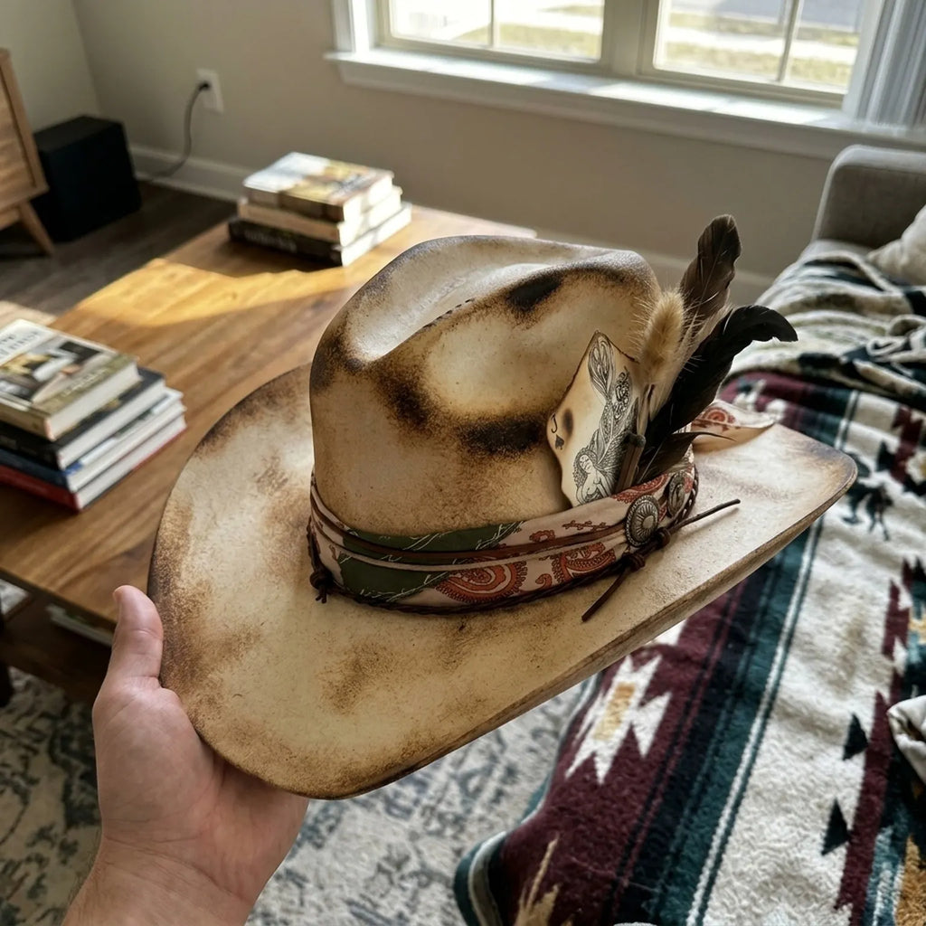 Burnt Cream Cowboy Hat with Paisley Band and Feather Cards