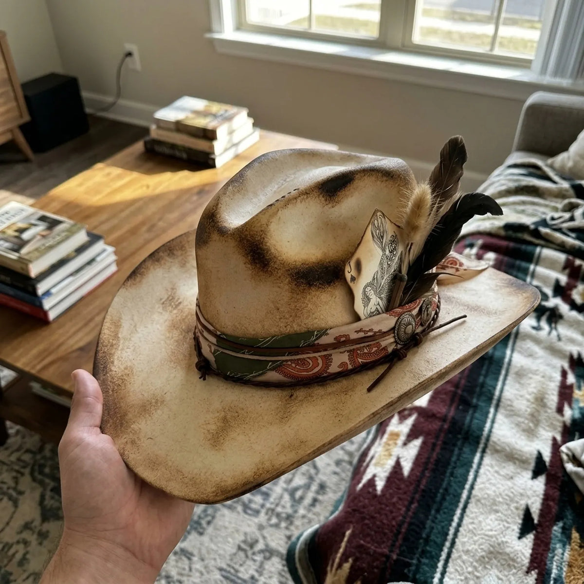 Burnt Cream Cowboy Hat with Paisley Band and Feather Cards