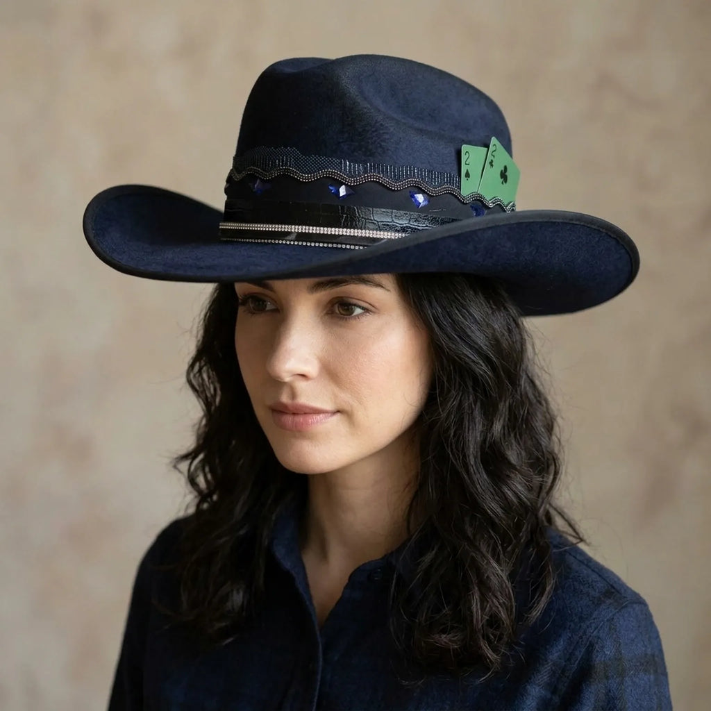 Navy Western Hat Rhinestone Band Green Playing Cards Glam Night Style