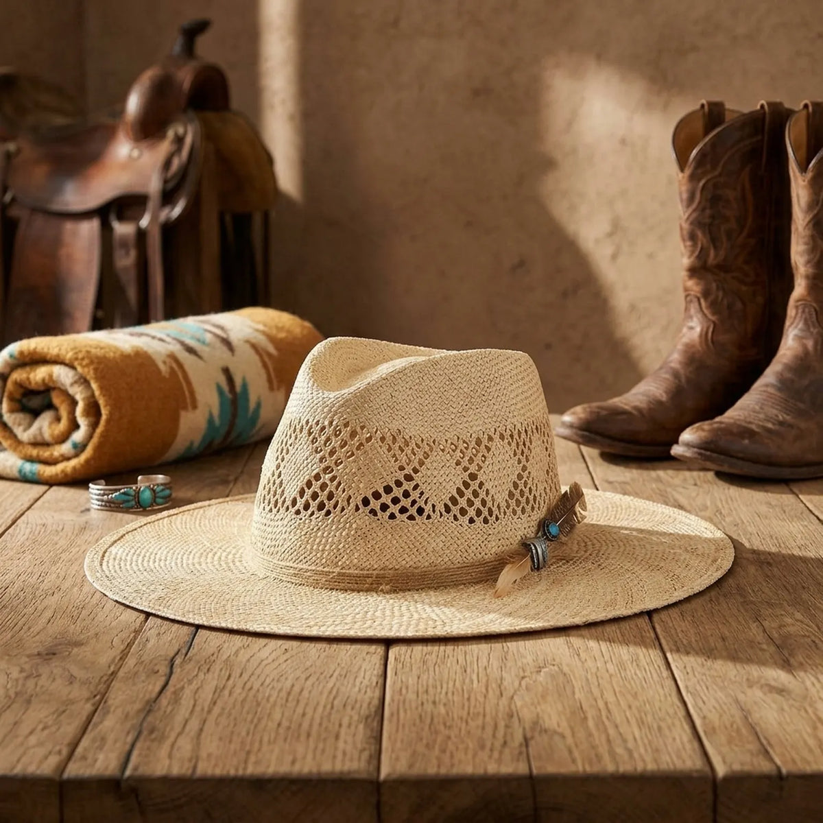Natural Straw Sun Hat with Open Weave Crown and Feather Detail