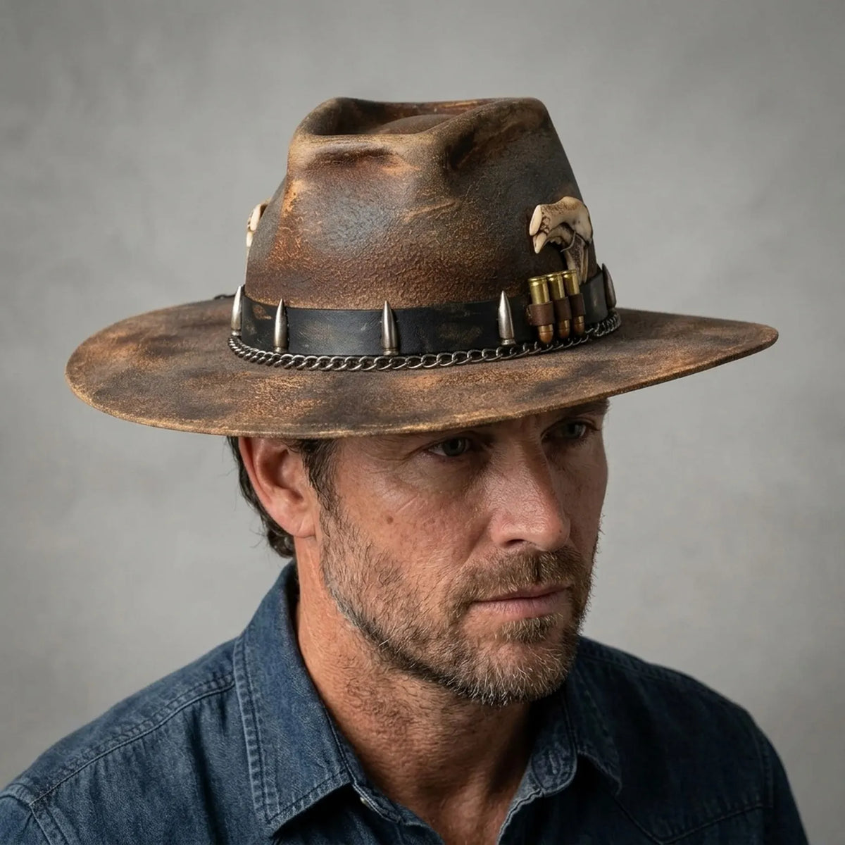 Distressed Brown Felt Western Hat with Bullet Band and Skull Accent