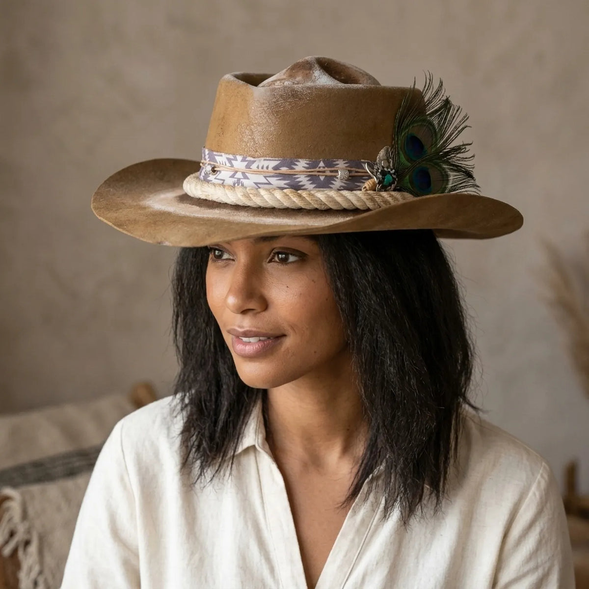 Western Cowboy Hat with Peacock Feather and Rope Band