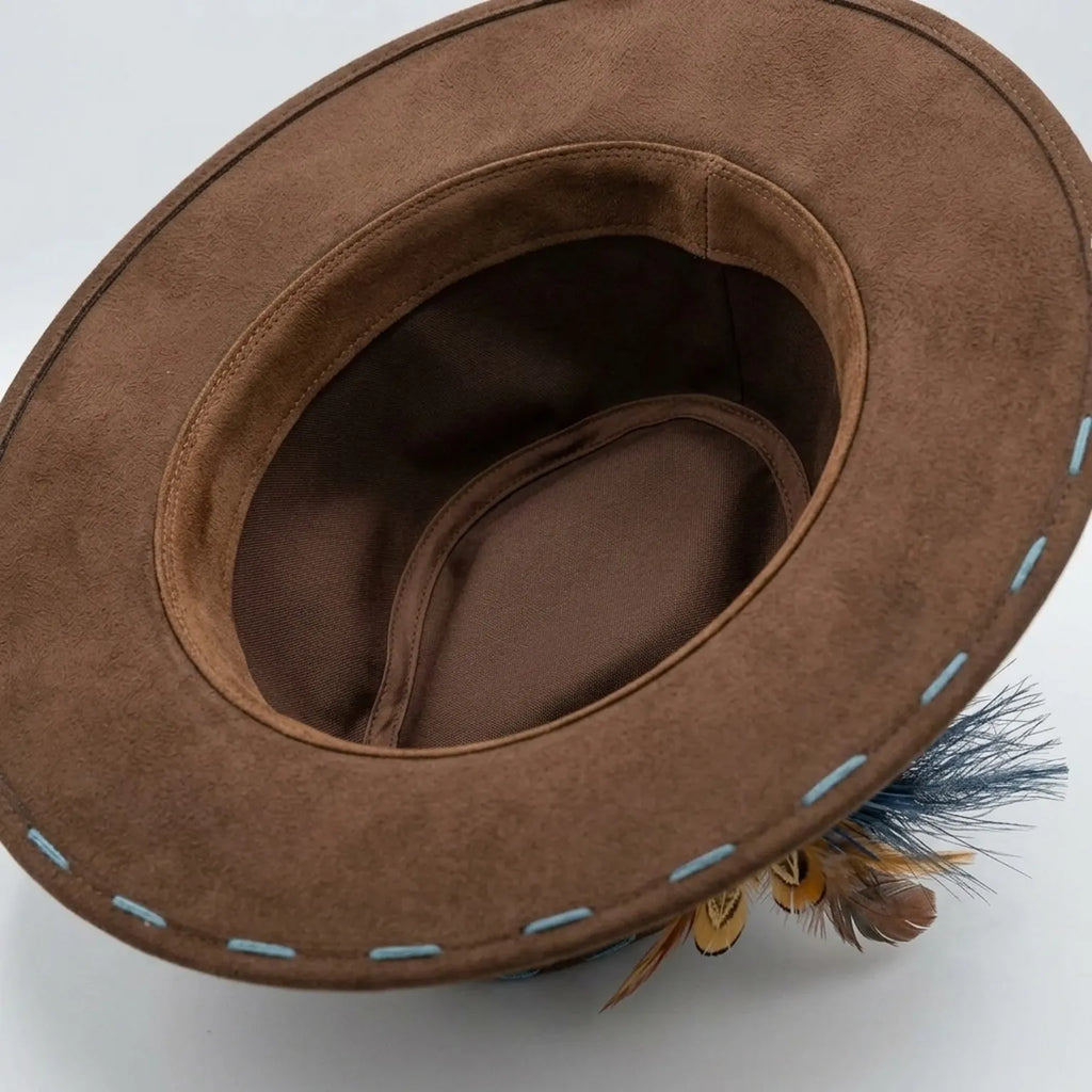 Brown Felt Fedora Hat with Patterned Fabric Wrap and Feathers