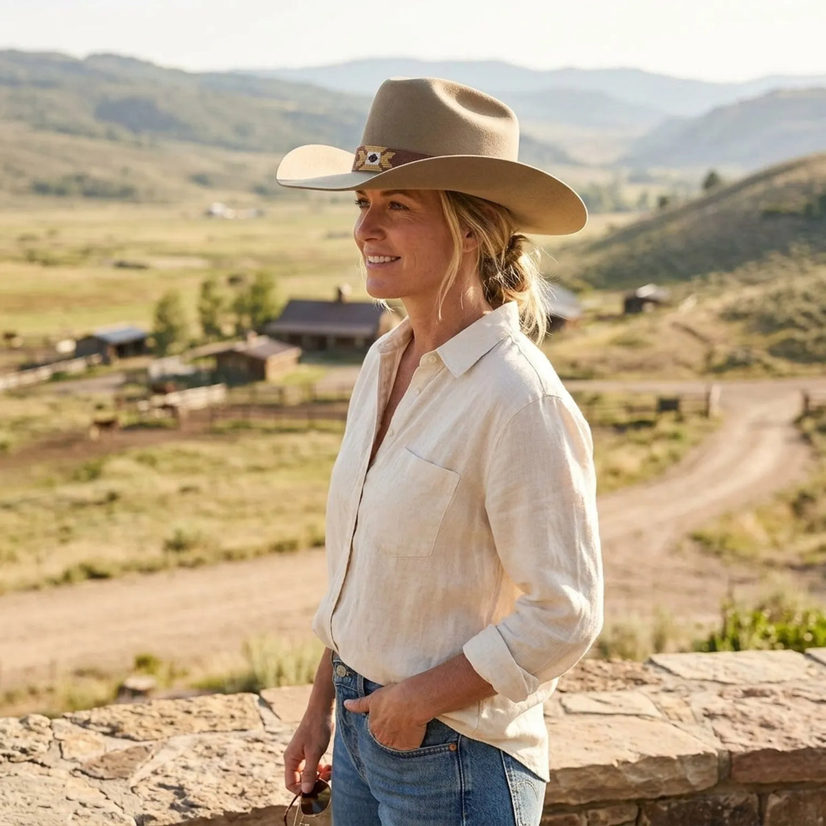 Tan Cowboy Hat With Embroidered Southwestern Band