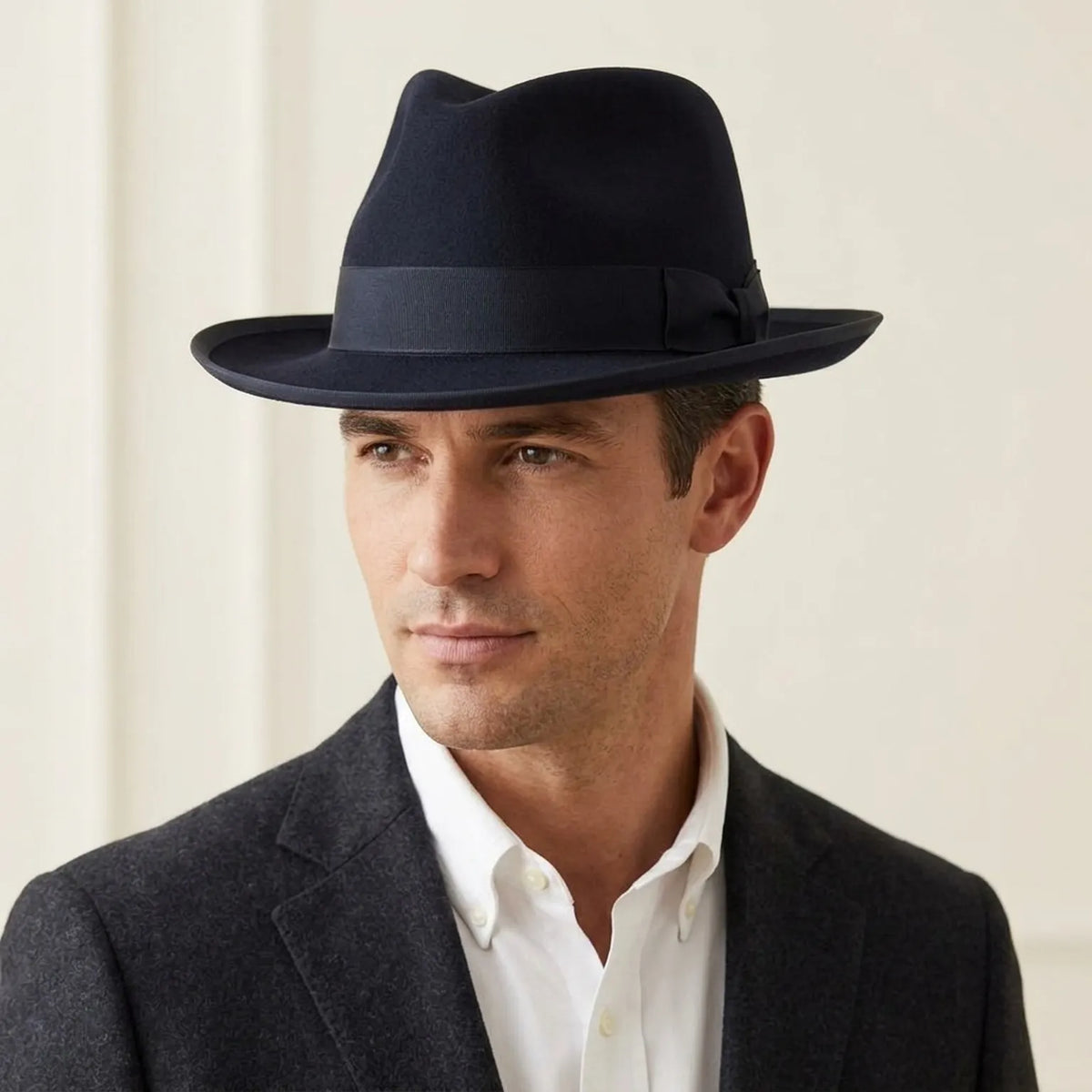 Black Wool Felt Fedora Hat with Ribbon Bow and Brim Trim