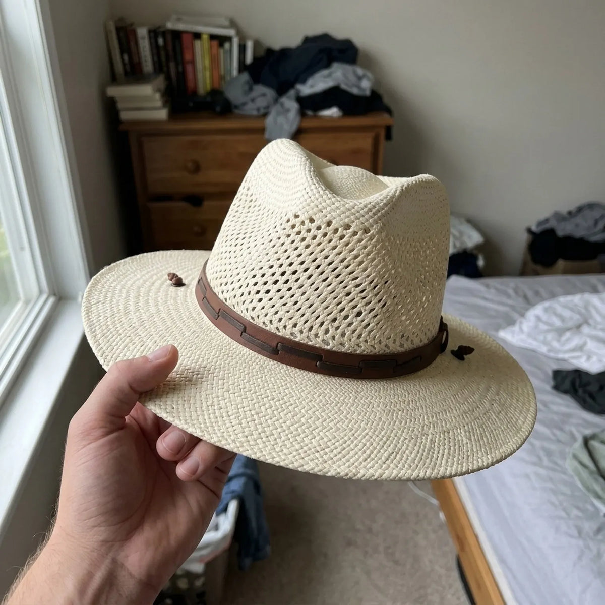Ivory Straw Fedora Hat with Wood Toggle Band and Open Vent