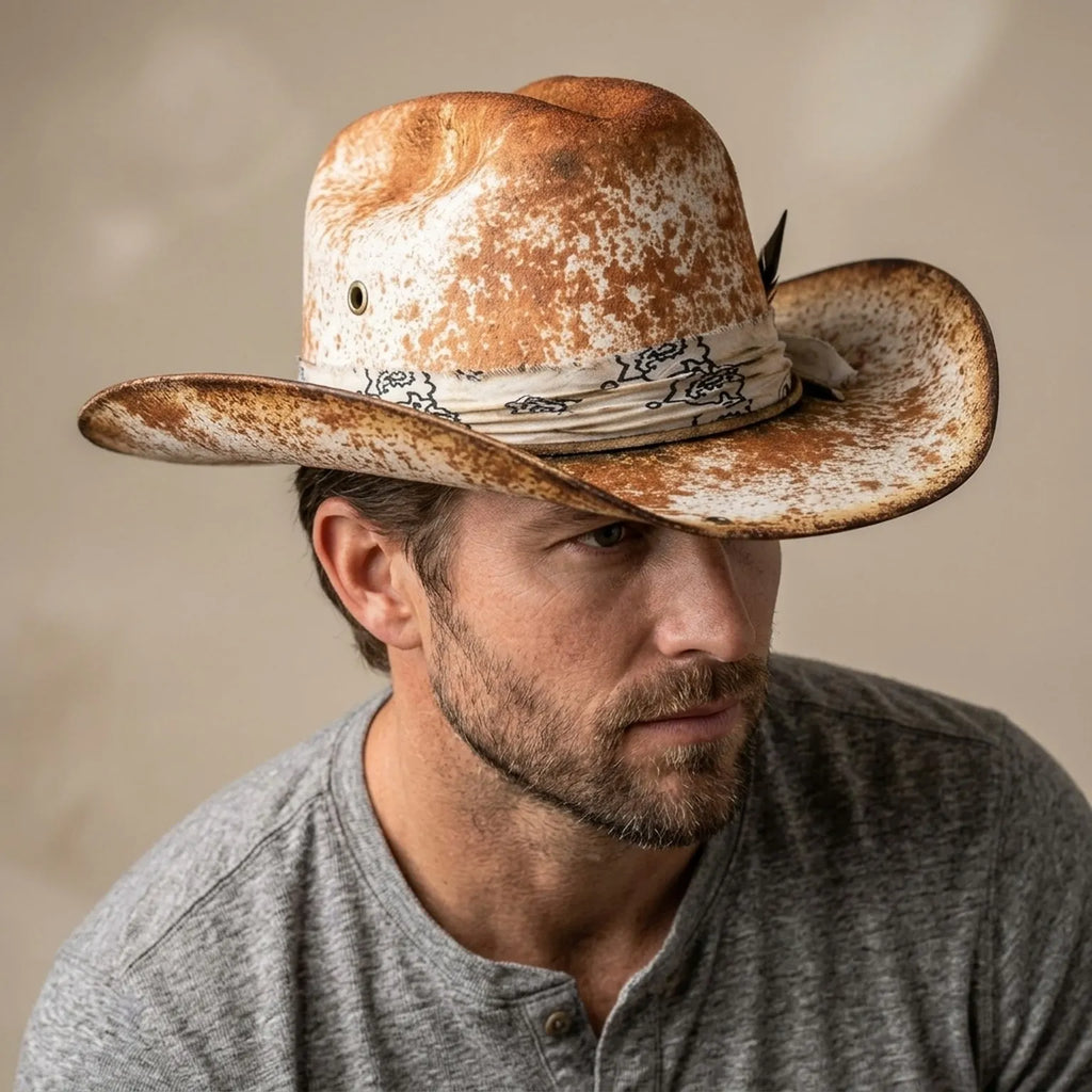 Speckled Tan Cowboy Hat with Paisley Bandana and Silver Concho