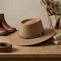 Tan Wide Brim Felt Hat with Patterned Leather Band Unisex