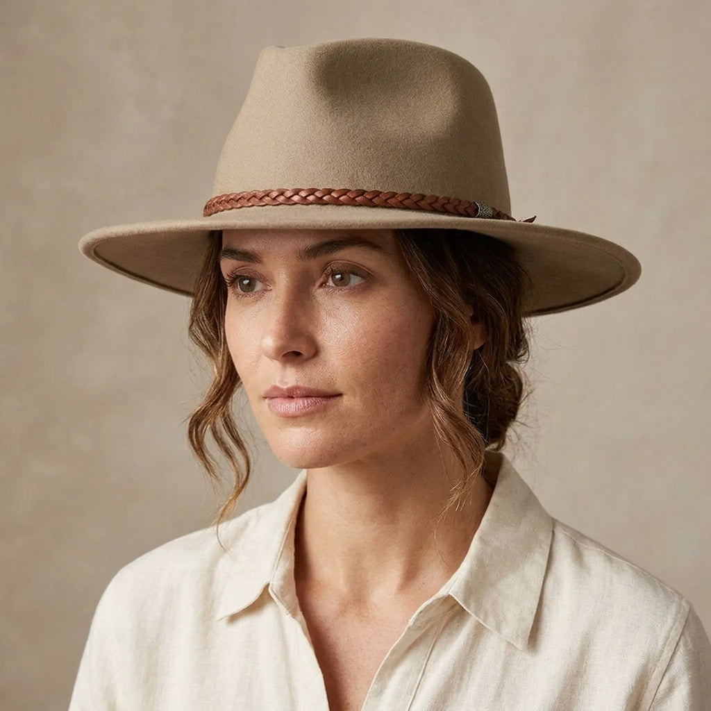 Unisex Beige Wool Felt Western Hat with Braided Leather Band