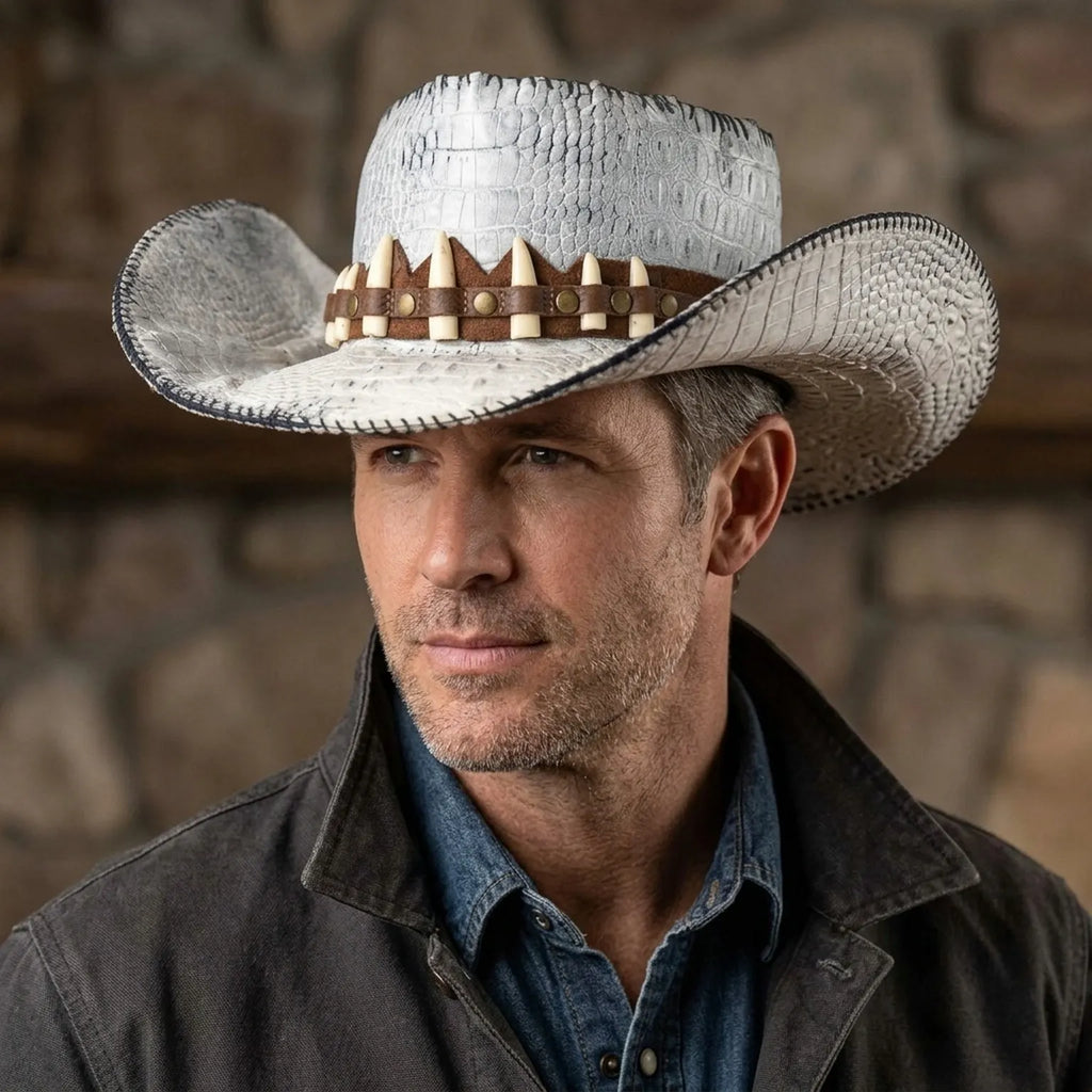 White Crocodile Cowboy Hat Tooth Stud Band Western Statement Hat