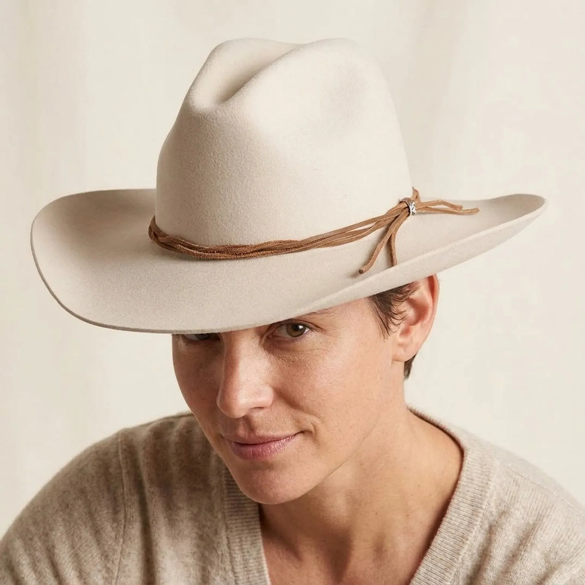Off-White Wool Felt Cowboy Hat with Braided Cord Band