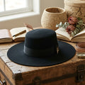 Unisex Black Wool Felt Wide Brim Hat with Minimalist Band