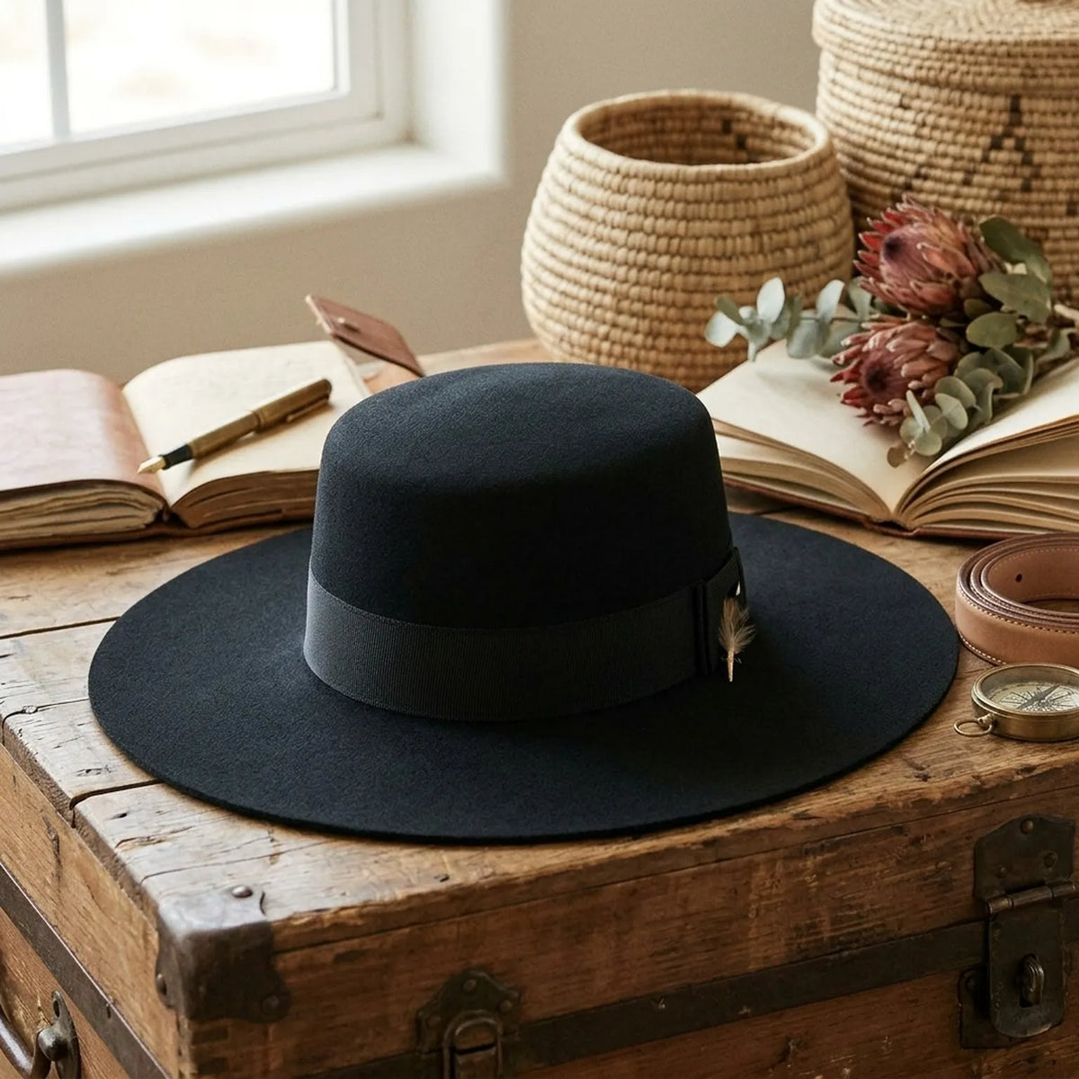 Unisex Black Wool Felt Wide Brim Hat with Minimalist Band