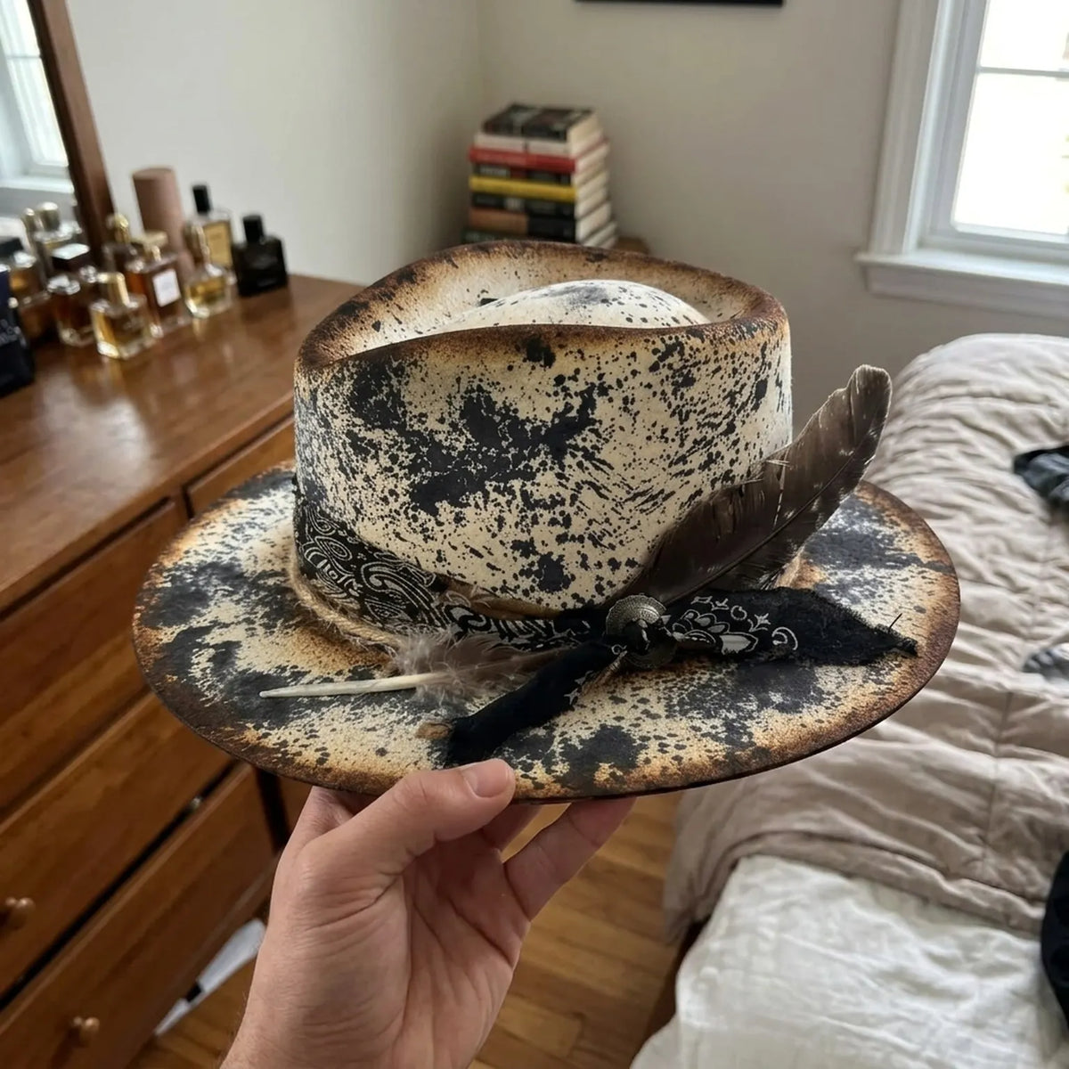 Splatter-Print Pork Pie Hat with Bandana Band and Feathers