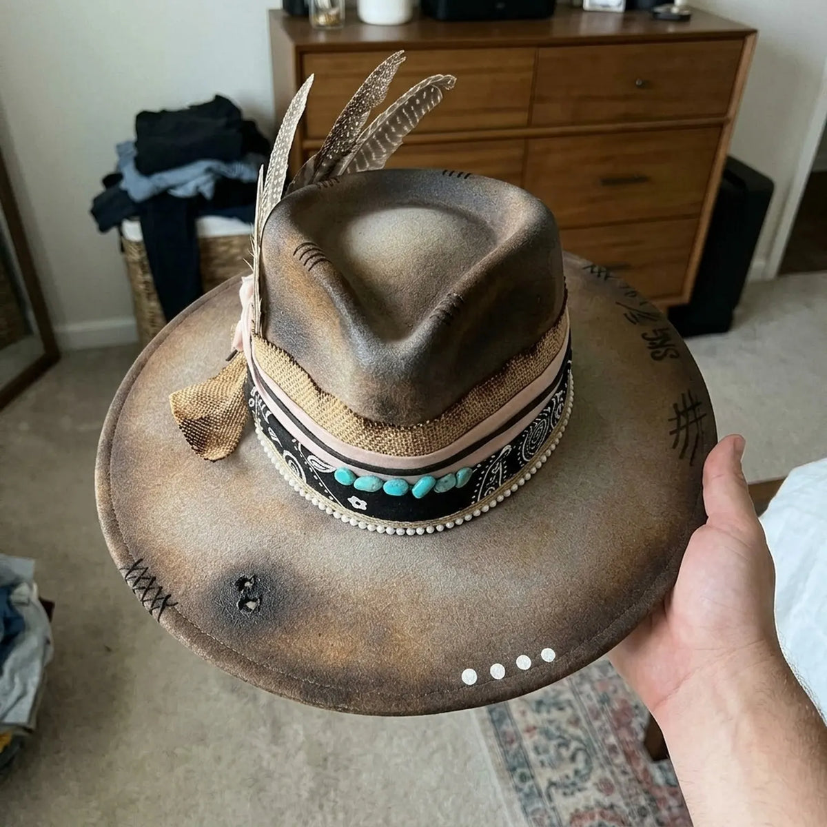 Brown Wide Brim Festival Hat with Feathers and Turquoise Beads
