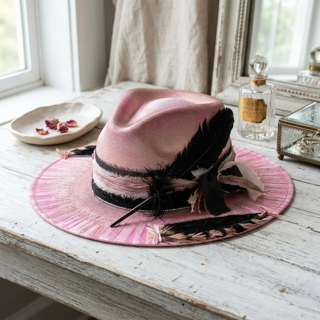 Pink Wide-Brim Floppy Hat with Black Feather and Ruffled Band