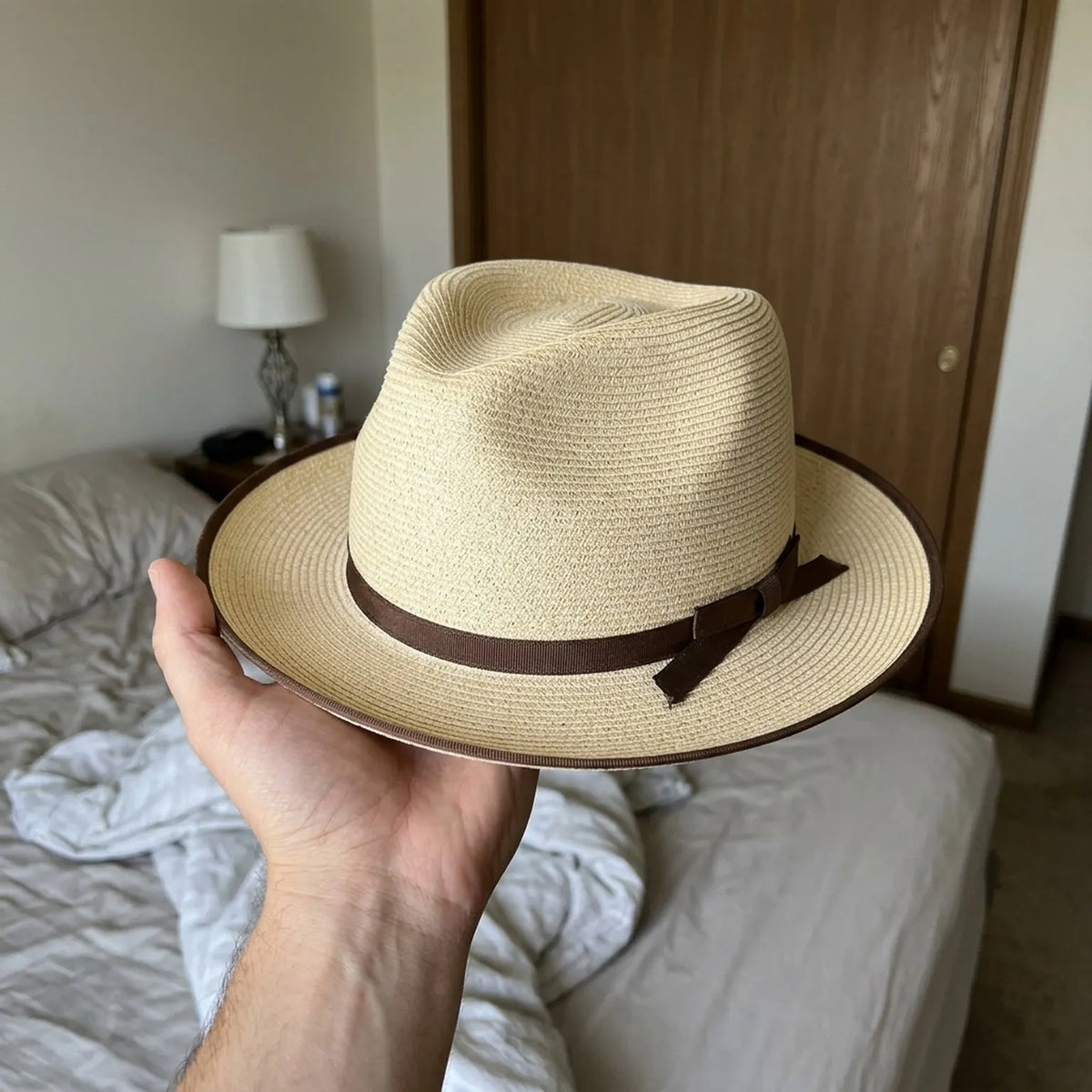 Natural Beige Straw Fedora with Brown Trim and Strap