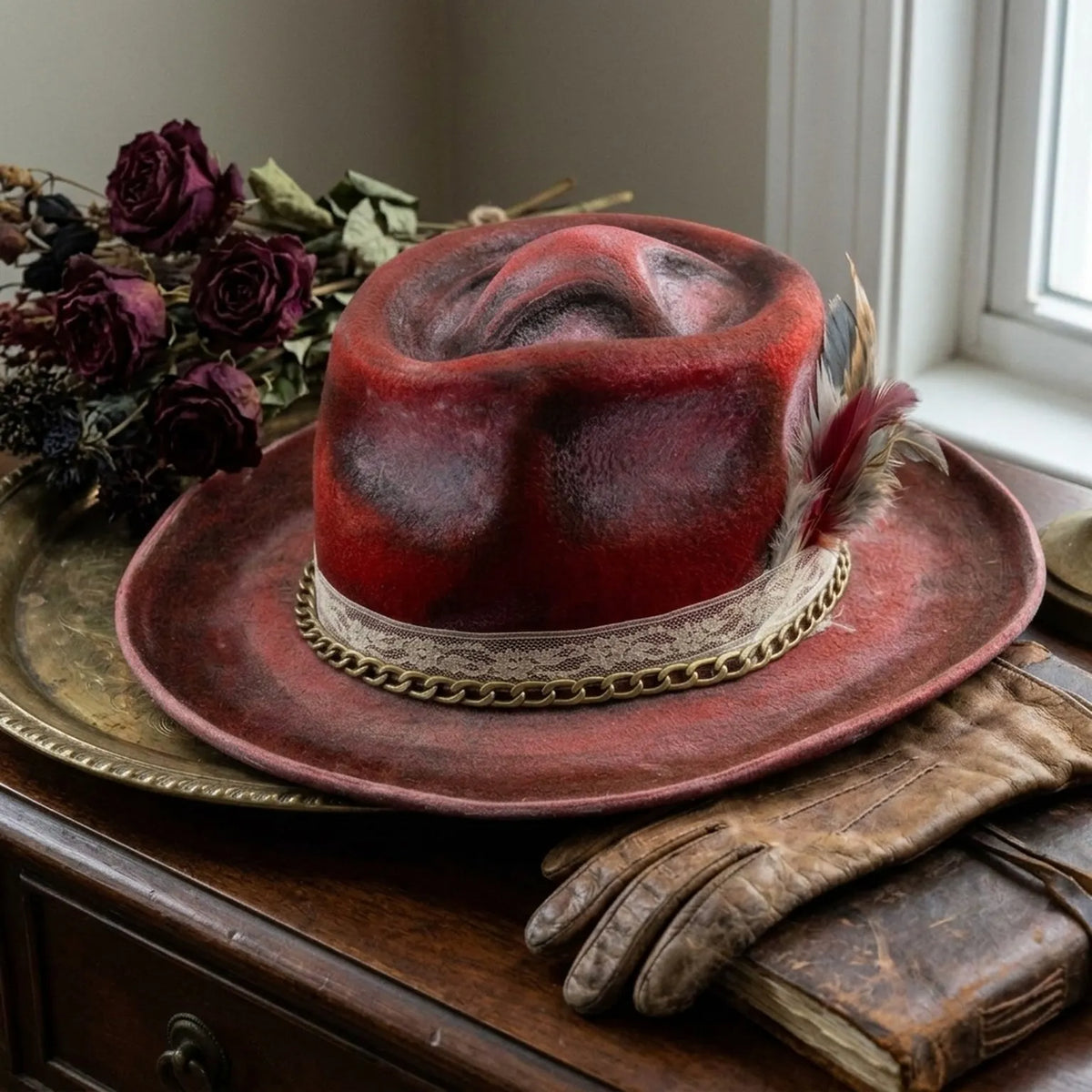 Wine Red Crushed Velvet Fedora with Cream Lace and Brass Chain