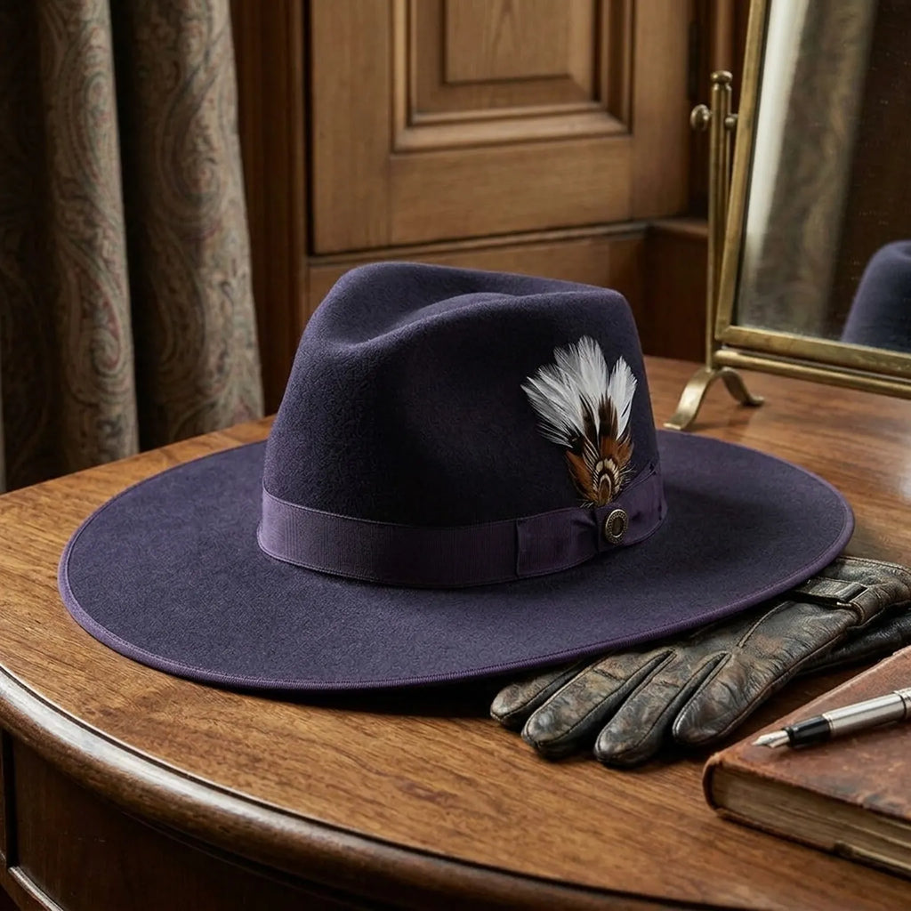 Navy Wool Felt Fedora Hat with Wide Brim and Band