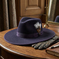 Navy Wool Felt Fedora Hat with Wide Brim and Band