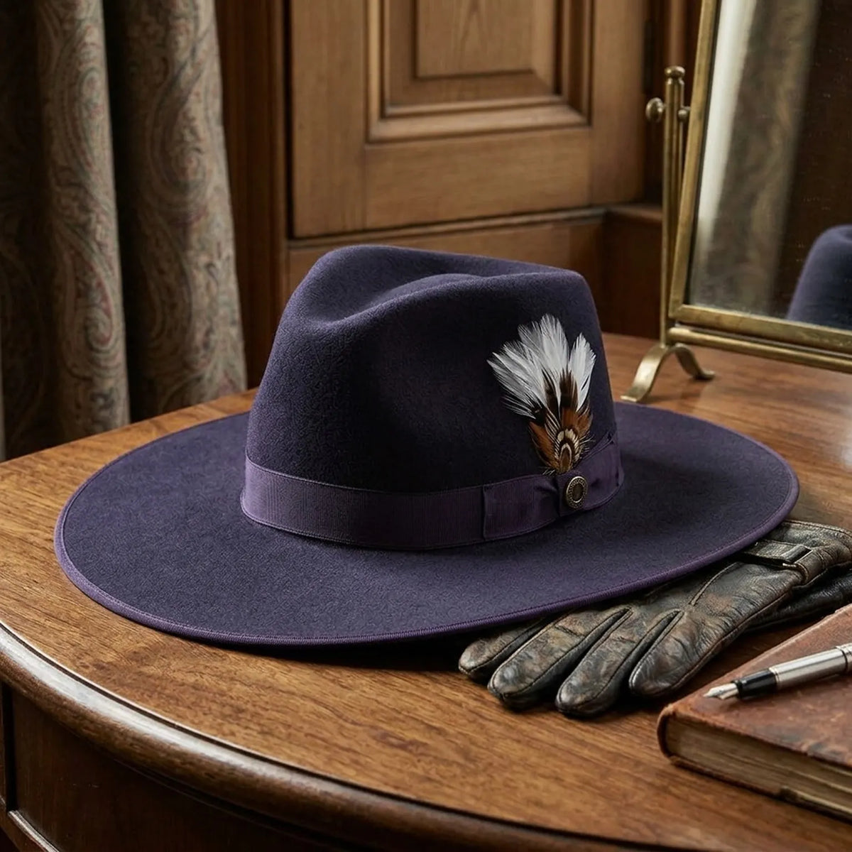 Navy Wool Felt Fedora Hat with Wide Brim and Band