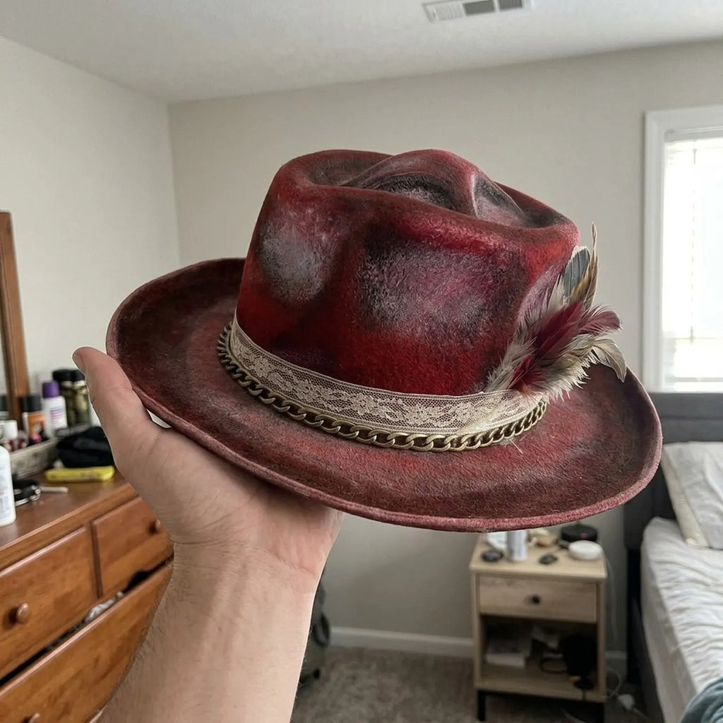 Wine Red Crushed Velvet Fedora with Cream Lace and Brass Chain