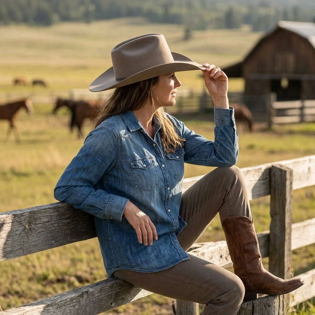 Unisex Taupe Wool Felt Cowboy Hat with Grosgrain Band Pin