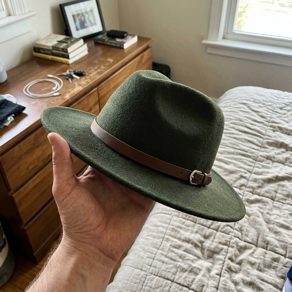 Olive Green Wool Felt Western Hat with Leather Band Unisex