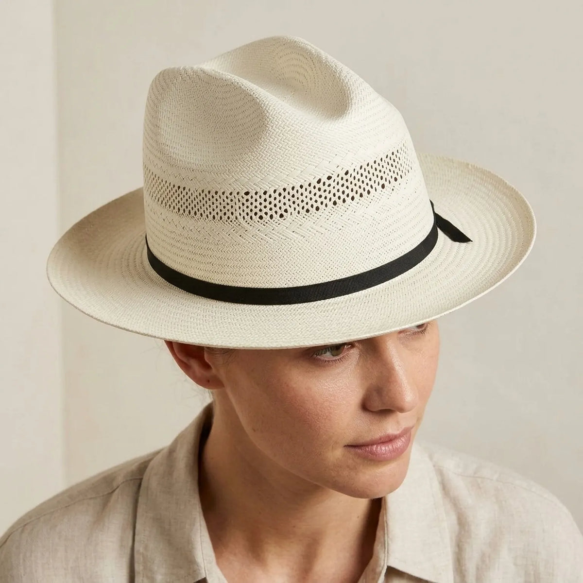 White Perforated Straw Fedora with Black Band and Bow Detail