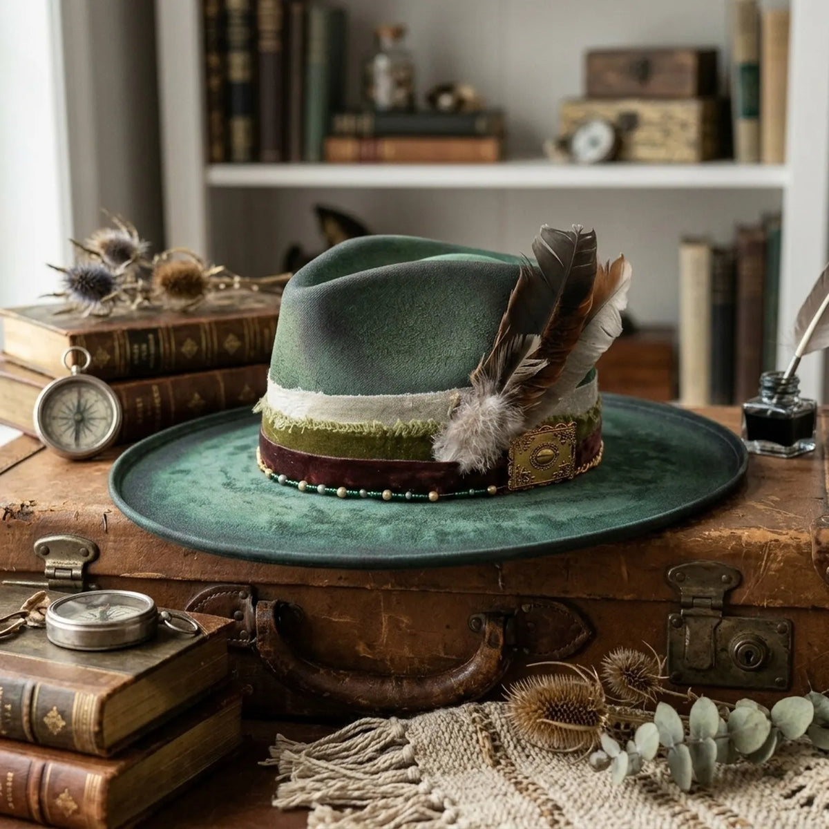 Vintage Green Velvet Wide Brim Fedora Feather Brass Medallion