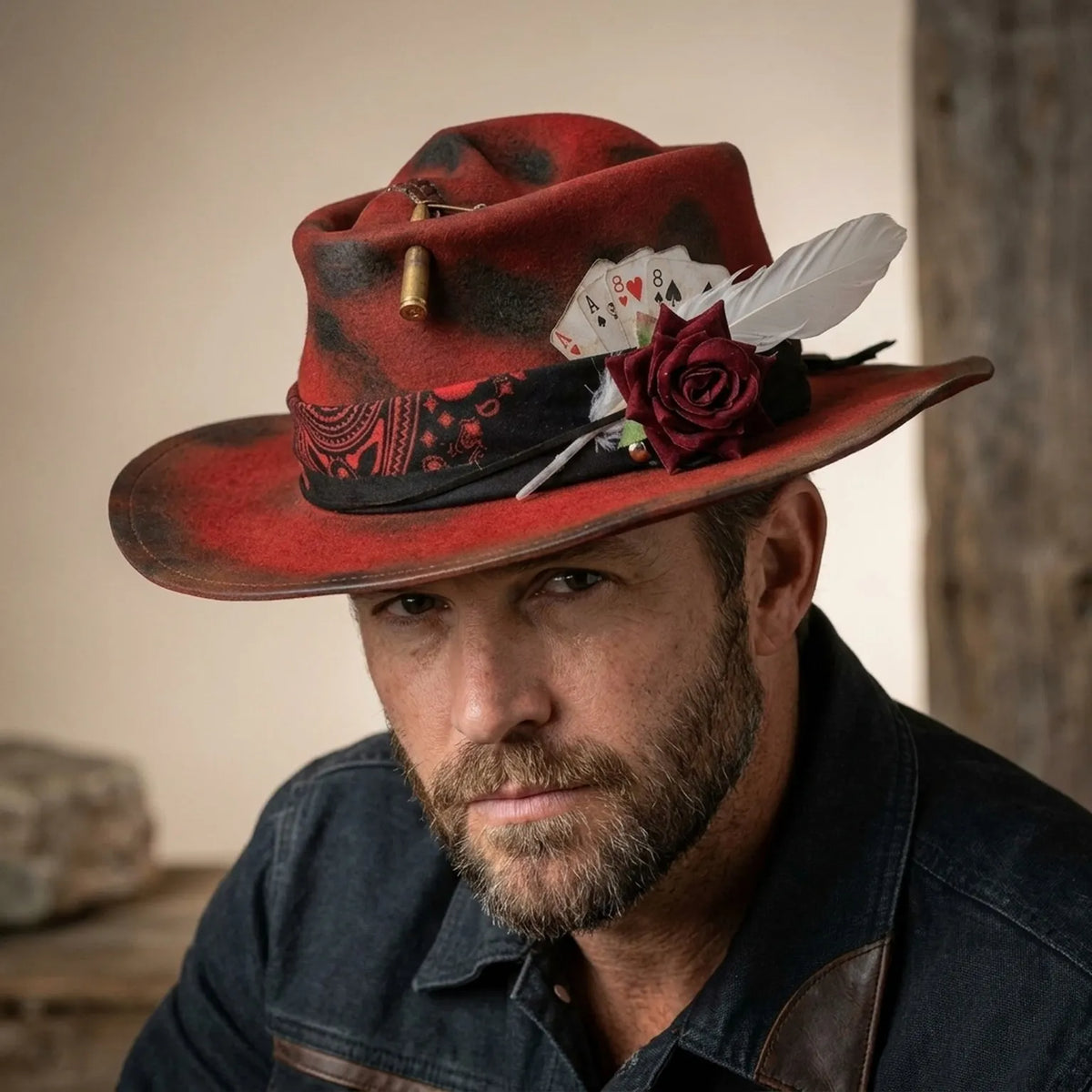 Western Red Fedora with Playing Cards, Rose and Bullet
