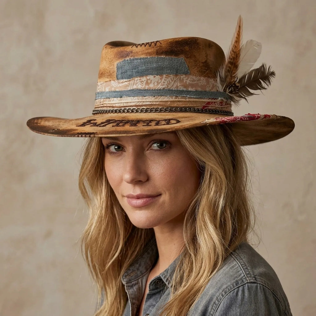 "Wanted" Tan Felt Western Hat with Patchwork Band and Feathers